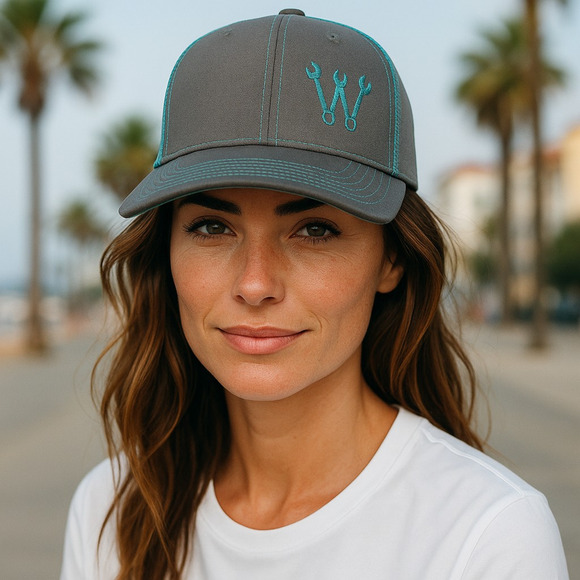 Winders Auto W Embroidered Trucker Hat Cap Snapback Aqua and Gray Mesh Back - Picture 1 of 8